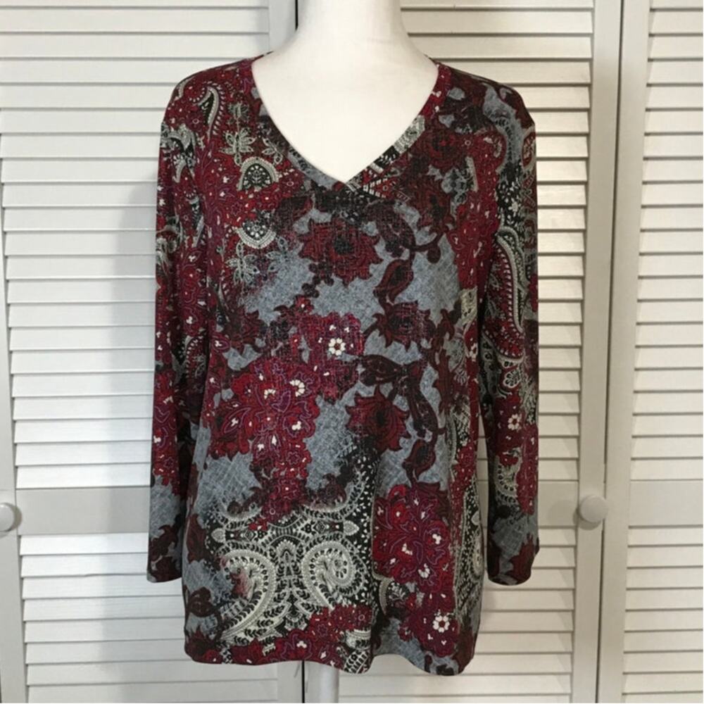 White Stag Y2K Plum Whimsigoth Slinky Shimmery Paisley Patchwork Floral Blouse L